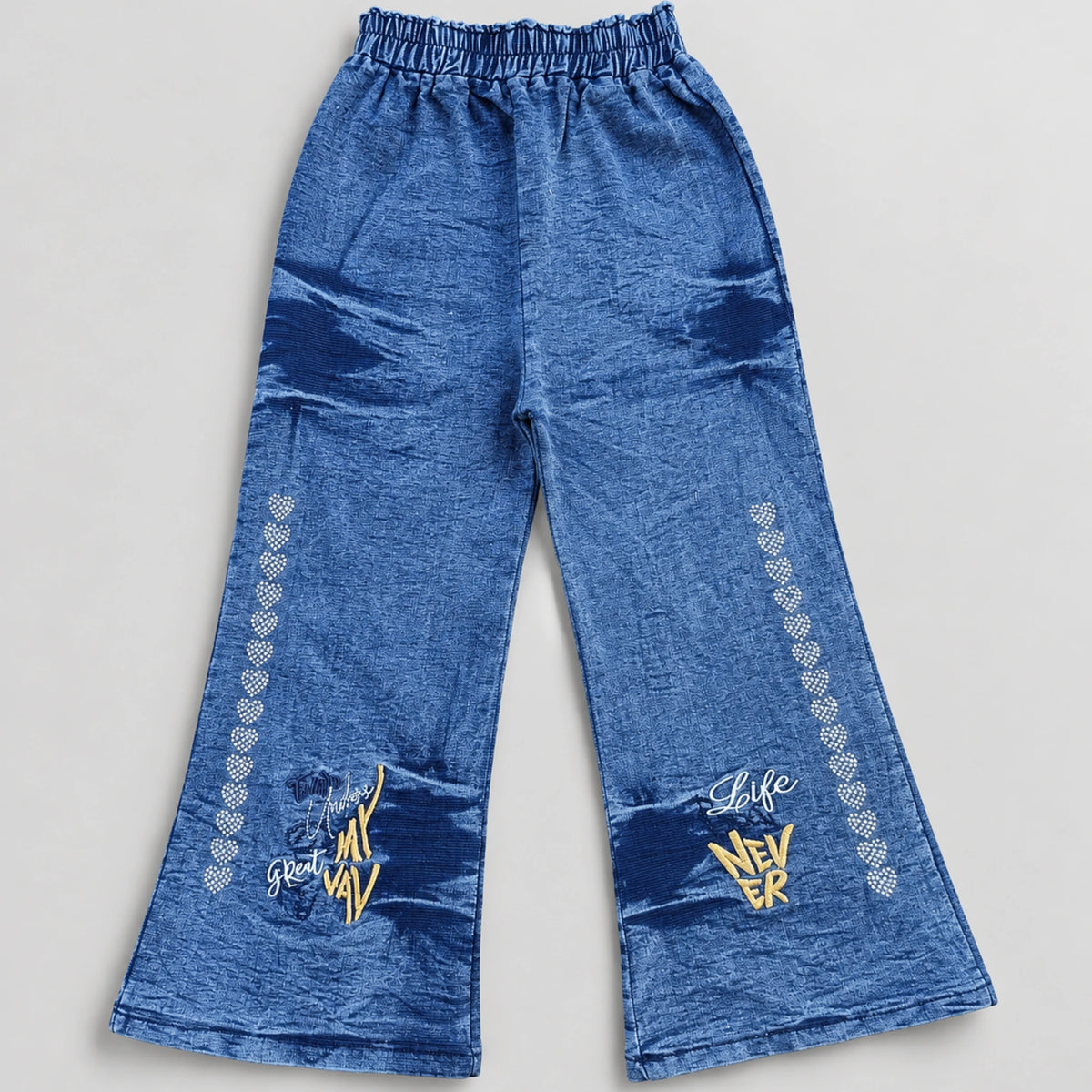 Girls’ Peach Ruffle-Sleeve Top & Blue Wide-Leg Pants Set