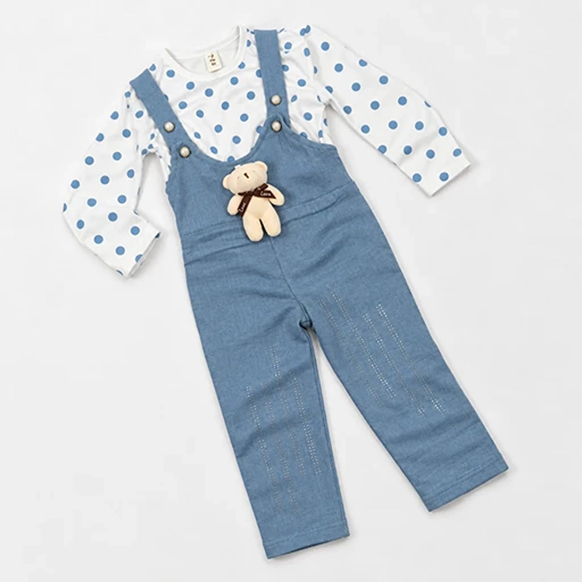 Girls’ Blue Polka Dot Shirt & Teddy Dungaree Set