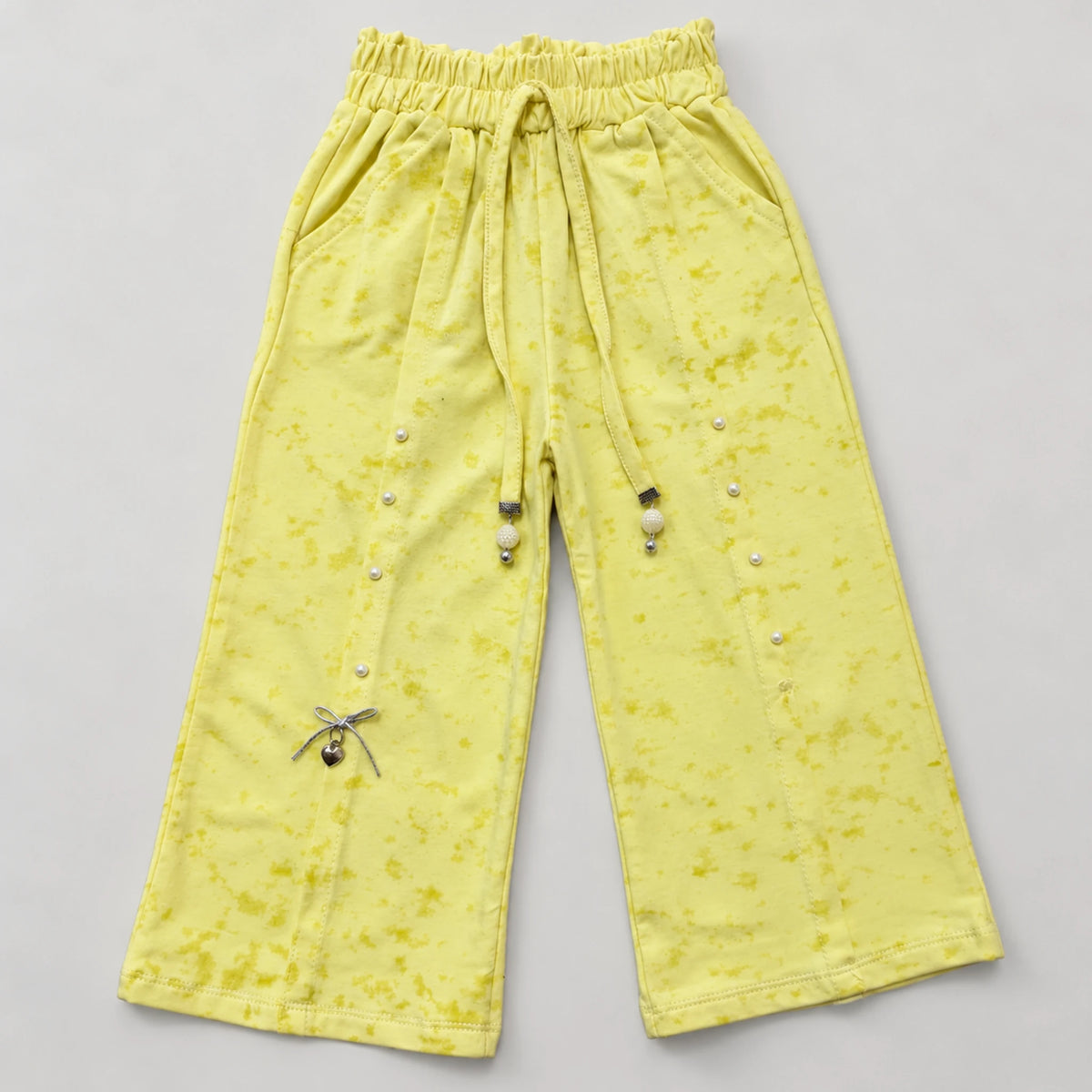 Girls’ Yellow Double-Layer Bow Graphic Top & Wide-Leg Trouser Set