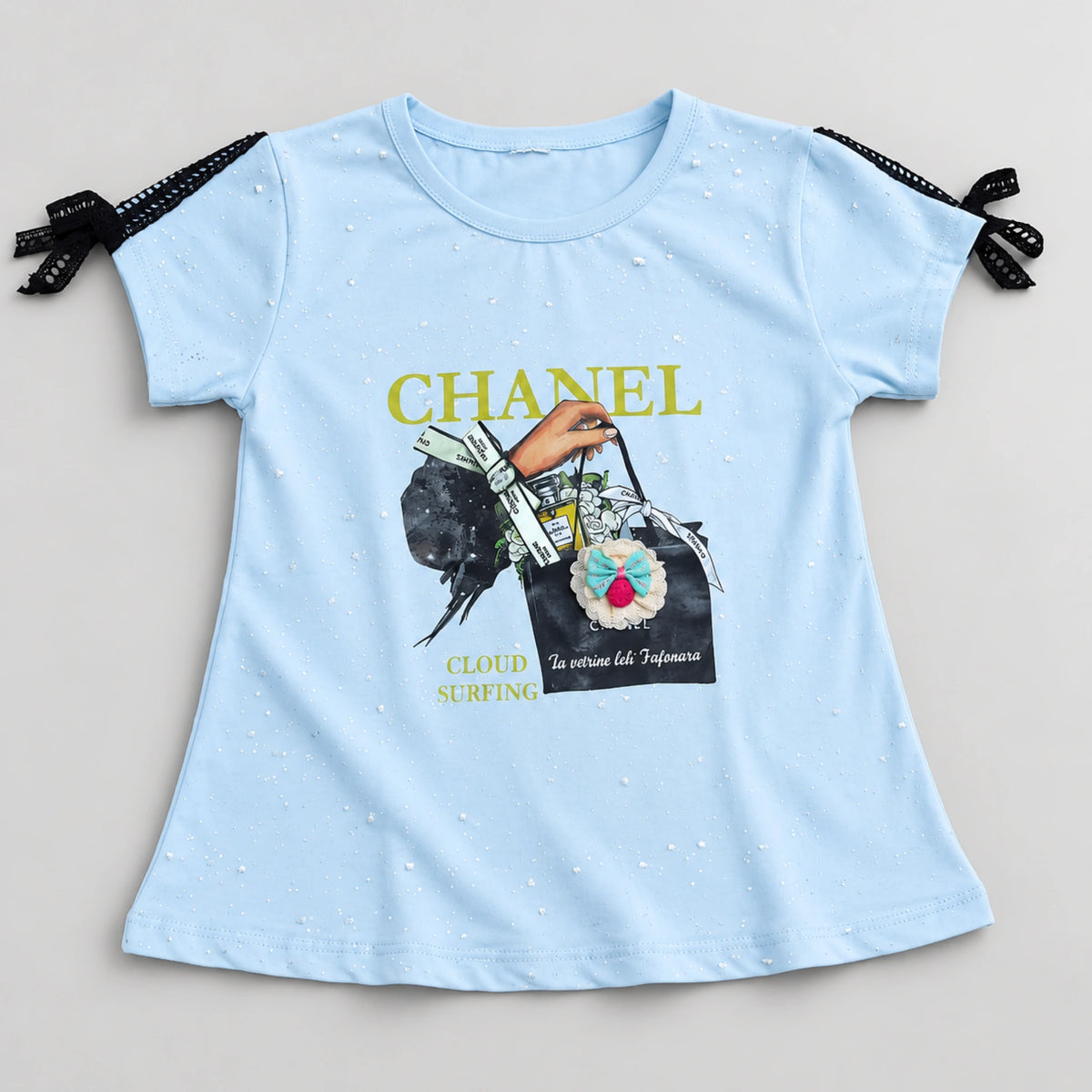 Girls’ Sky Blue Graphic Top & Black Flared Trouser Set
