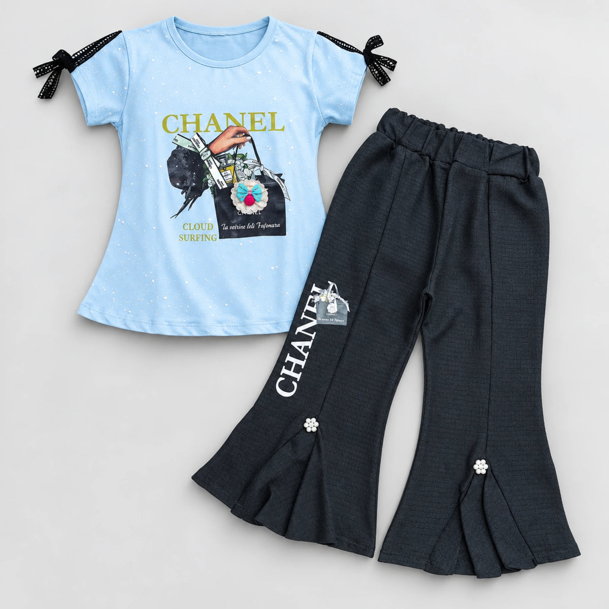 Girls’ Sky Blue Graphic Top & Black Flared Trouser Set