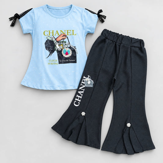 Girls’ Sky Blue Graphic Top & Black Flared Trouser Set