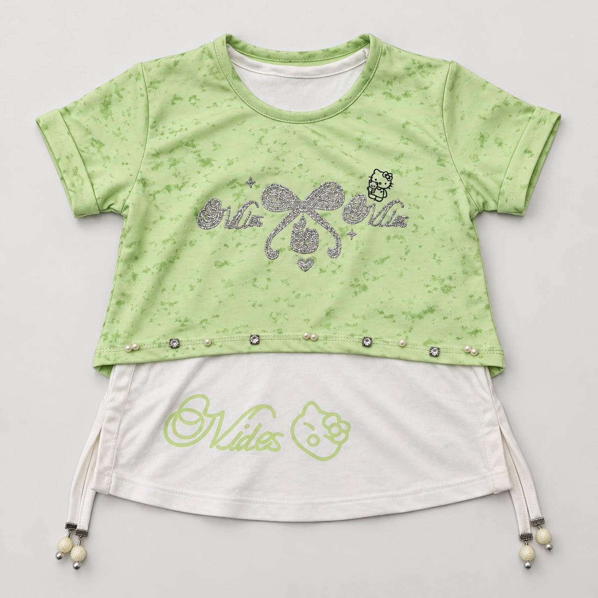 Girls’ Green Double-Layer Bow Graphic Top & Wide-Leg Trouser Set