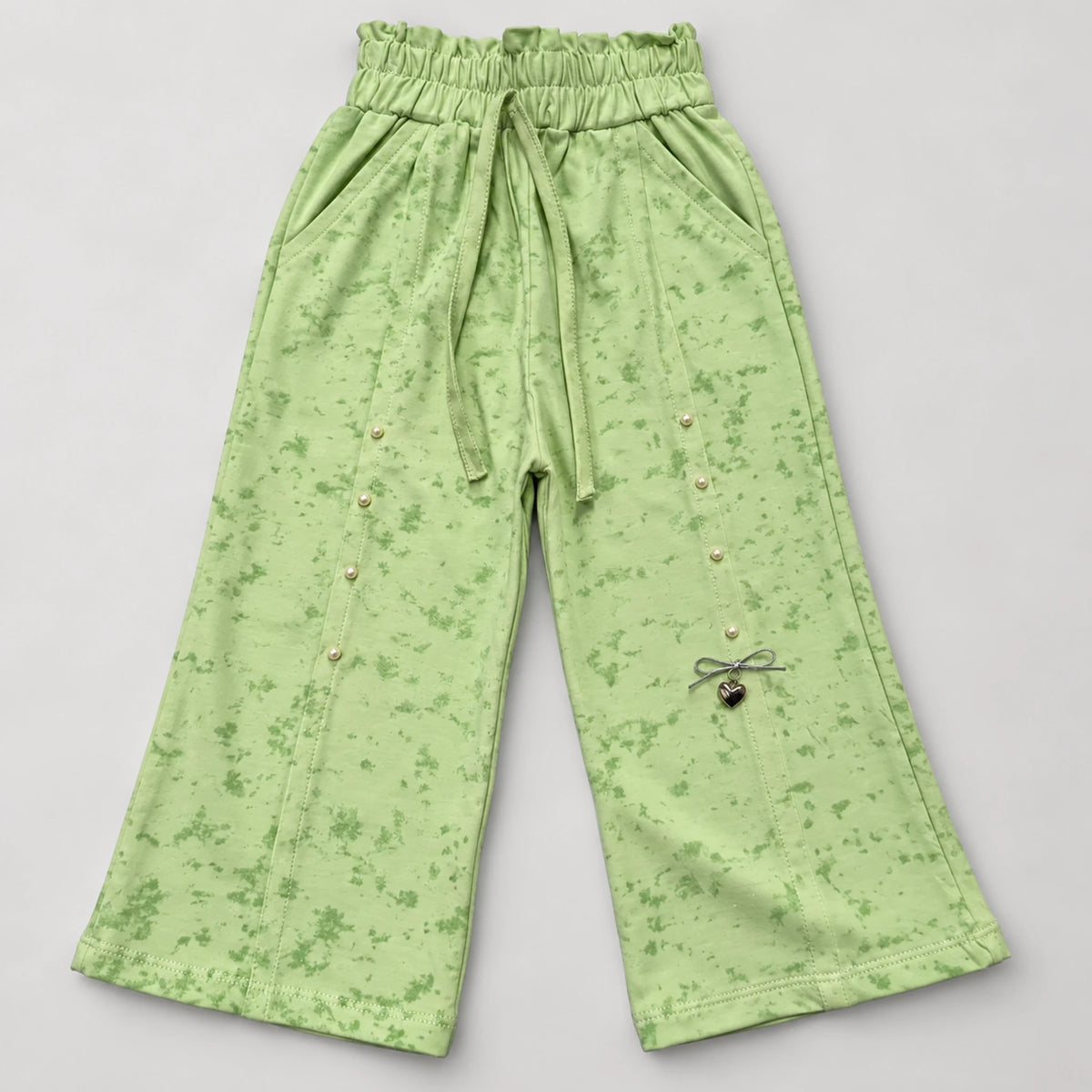 Girls’ Green Double-Layer Bow Graphic Top & Wide-Leg Trouser Set