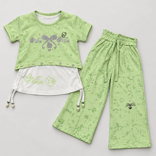 Girls’ Green Double-Layer Bow Graphic Top & Wide-Leg Trouser Set