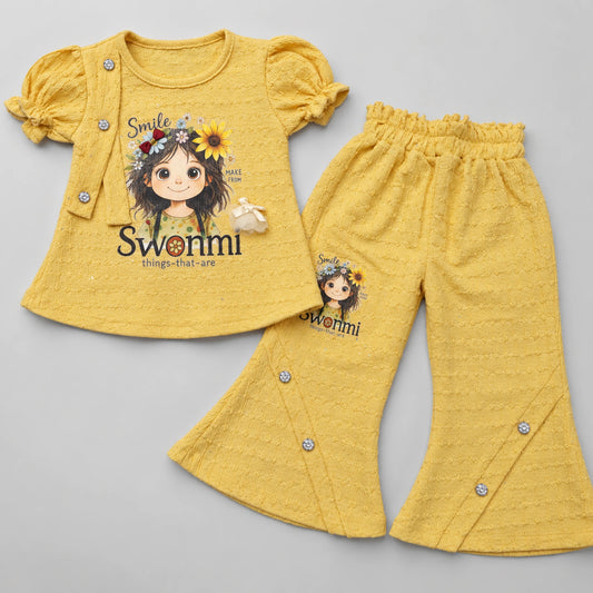 Girls’ Yellow Floral Graphic Puff-Sleeve Top & Flared Trouser Set
