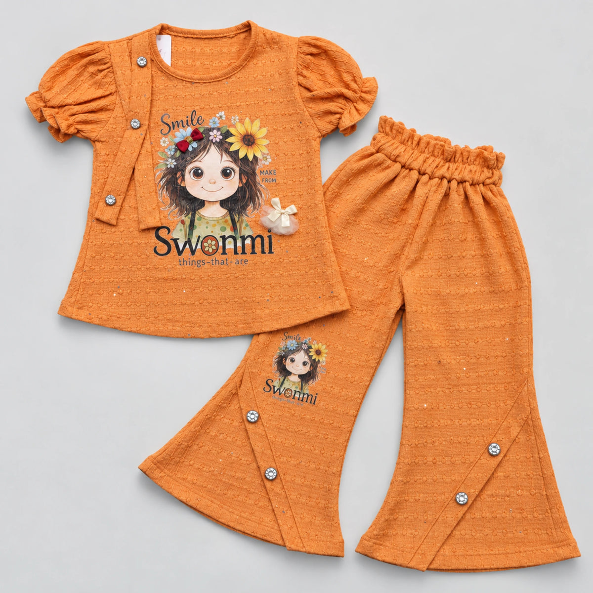 Girls’ Orange Floral Graphic Puff-Sleeve Top & Flared Trouser Set