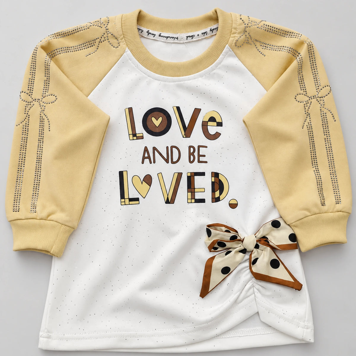 Girls’ Beige Love Graphic Top & Lace-Trim Wide-Leg Trouser Set