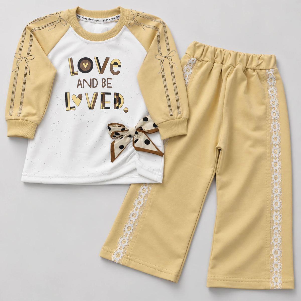 Girls’ Beige Love Graphic Top & Lace-Trim Wide-Leg Trouser Set
