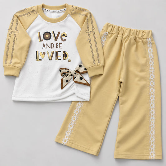 Girls’ Beige Love Graphic Top & Lace-Trim Wide-Leg Trouser Set