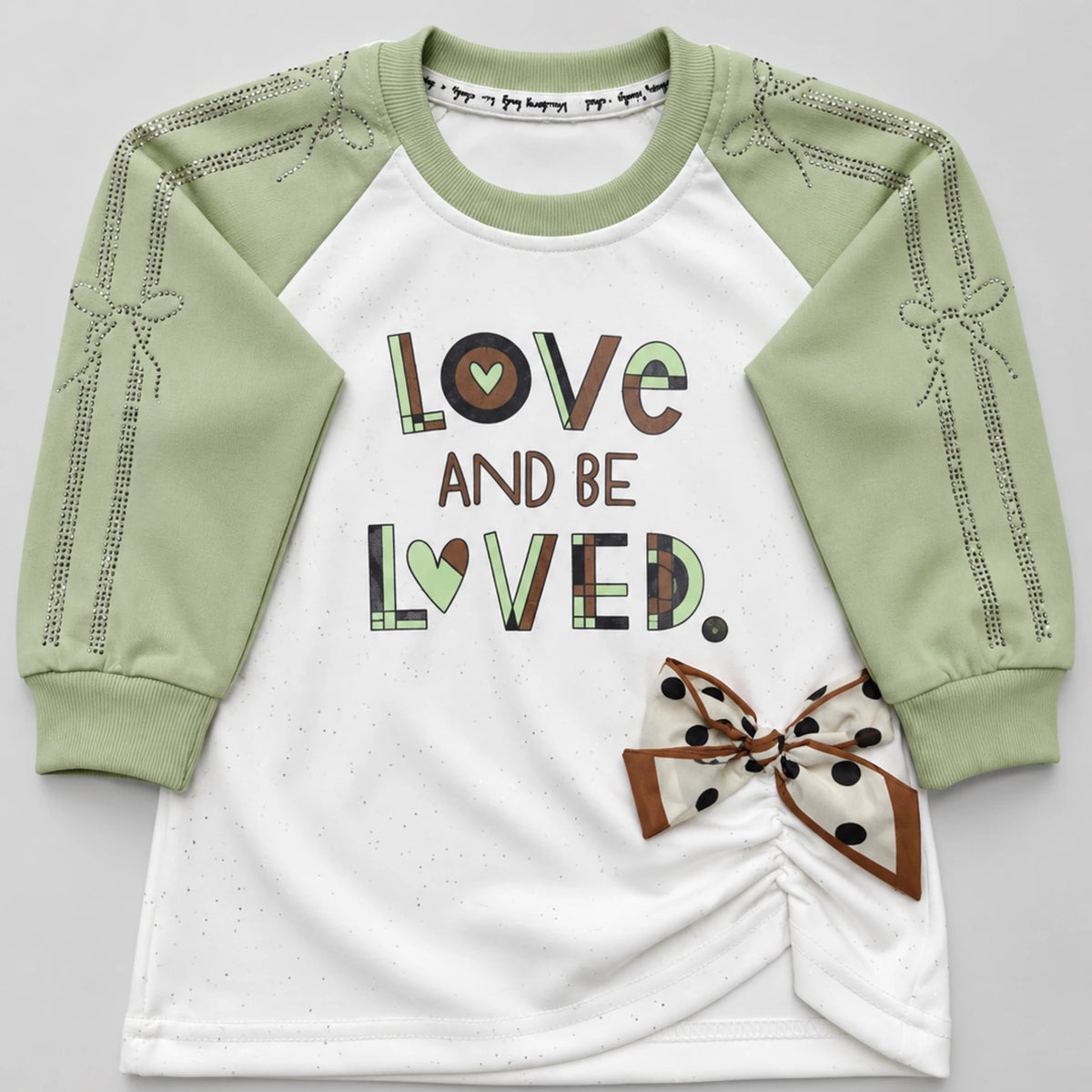 Girls’ Sage Green Love Graphic Top & Lace-Trim Wide-Leg Trouser Set