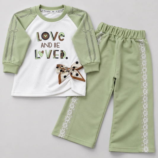 Girls’ Sage Green Love Graphic Top & Lace-Trim Wide-Leg Trouser Set