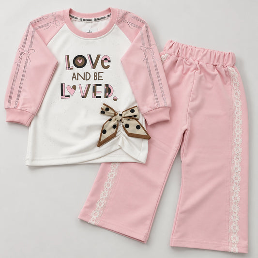 Girls’ Pink Love Graphic Top & Lace-Trim Wide-Leg Trouser Set