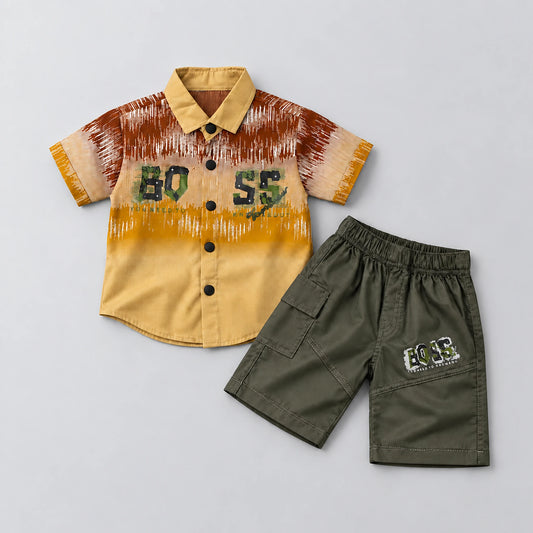 Boys’ Brown Graphic Button-Up Shirt & Olive Cargo Shorts Set
