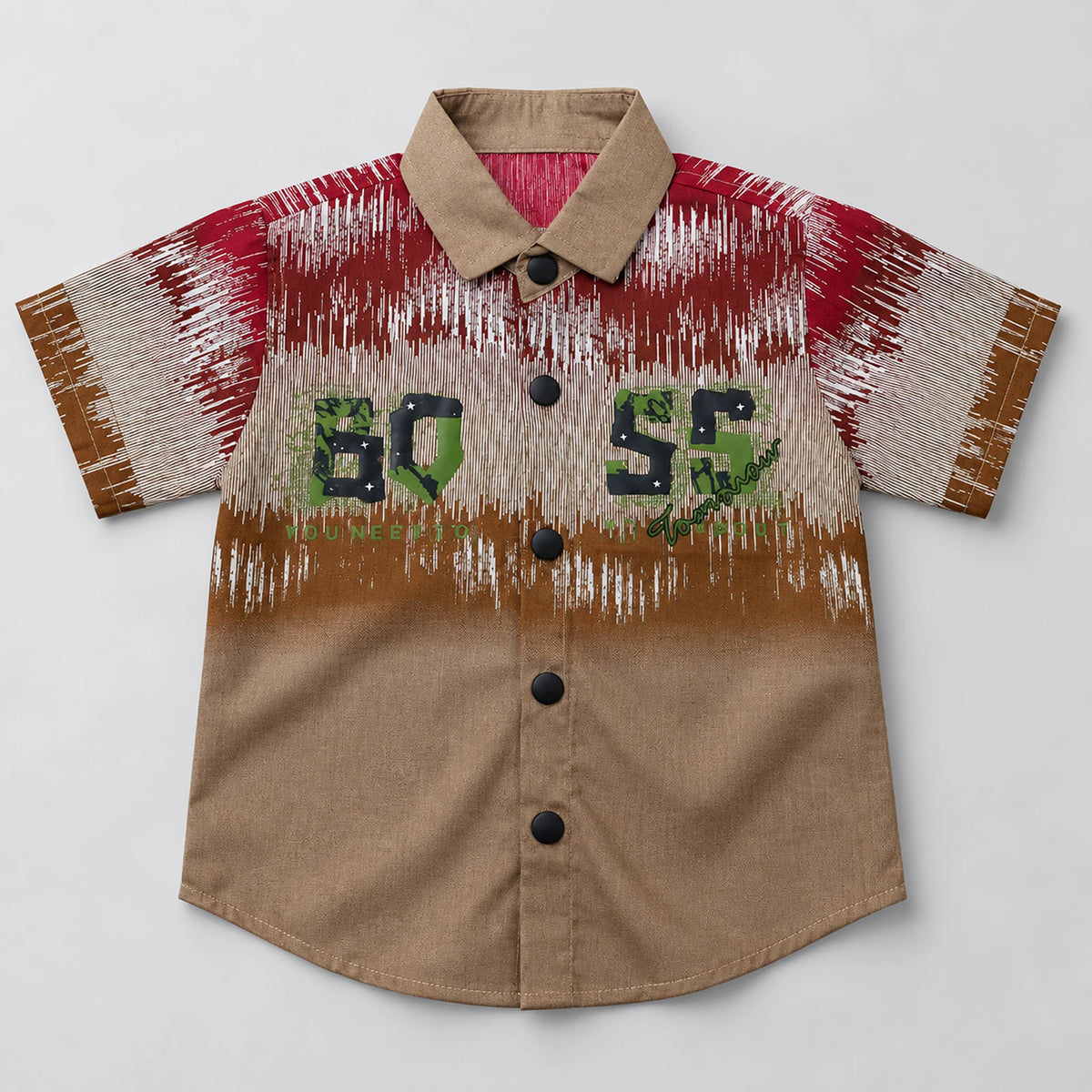 Boys’ Brown & Red Graphic Button-Up Shirt with Charcoal Cargo Shorts Set