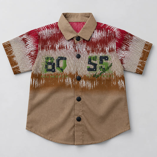 Boys’ Brown & Red Graphic Button-Up Shirt with Charcoal Cargo Shorts Set