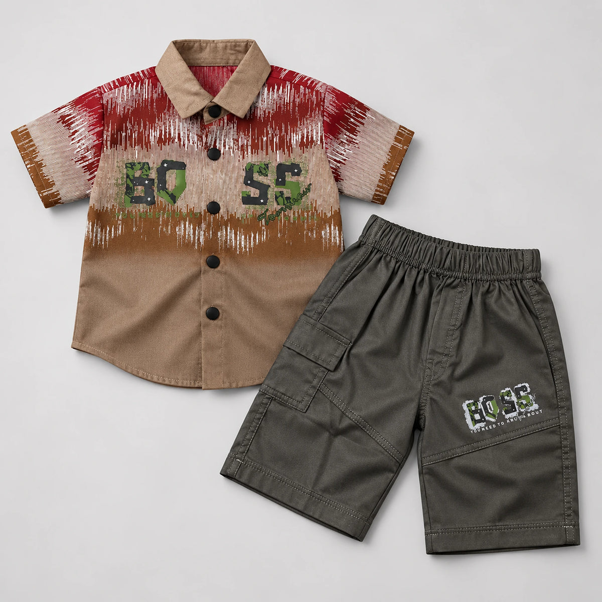 Boys’ Brown & Red Graphic Button-Up Shirt with Charcoal Cargo Shorts Set