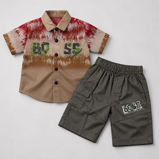 Boys’ Brown & Red Graphic Button-Up Shirt with Charcoal Cargo Shorts Set