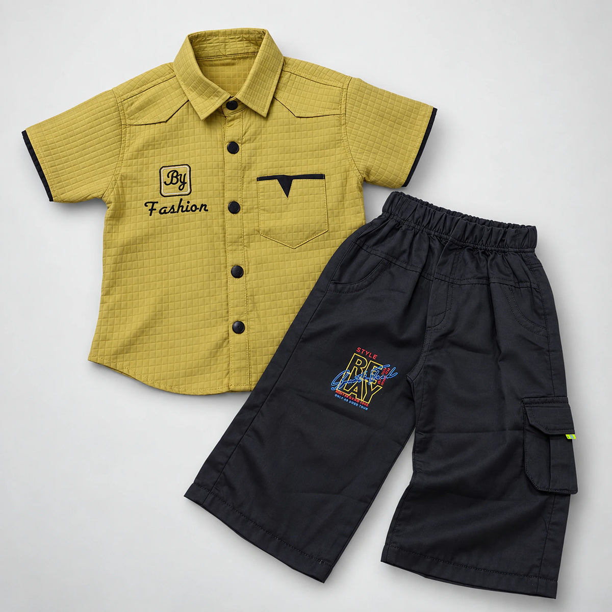 Boys’ Mustard Textured Shirt with Black Cargo Shorts Set