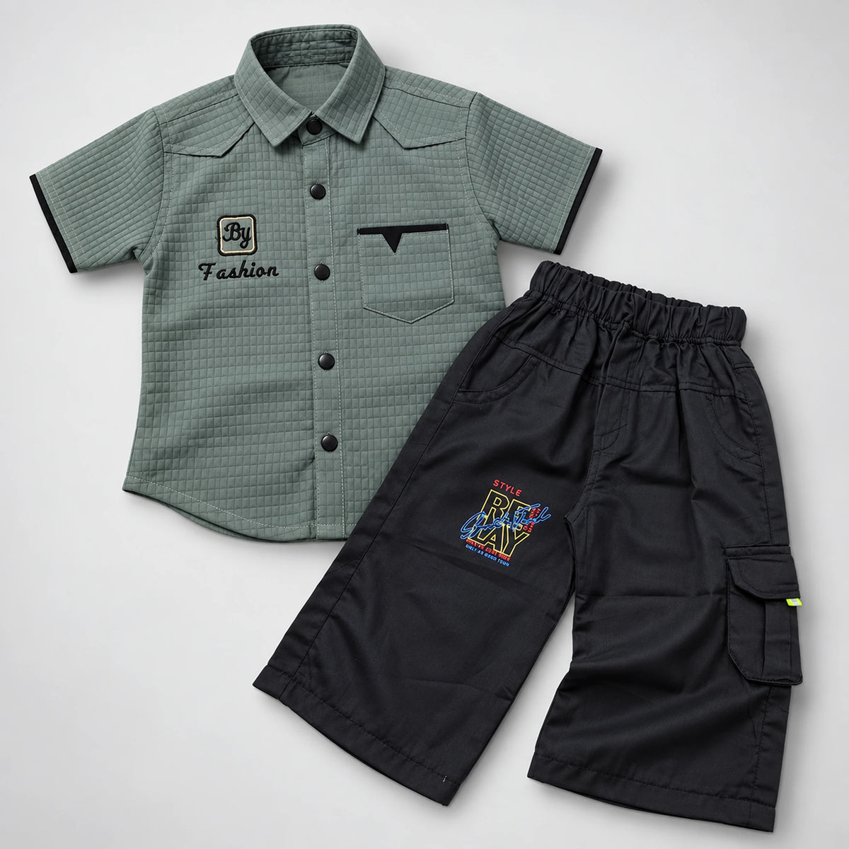 Boys’ Textured Grey Shirt with Black Cargo Shorts Set