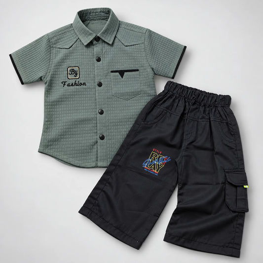 Boys’ Textured Grey Shirt with Black Cargo Shorts Set