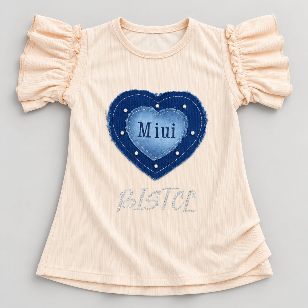 Girls’ Peach Ruffle-Sleeve Top & Blue Wide-Leg Pants Set