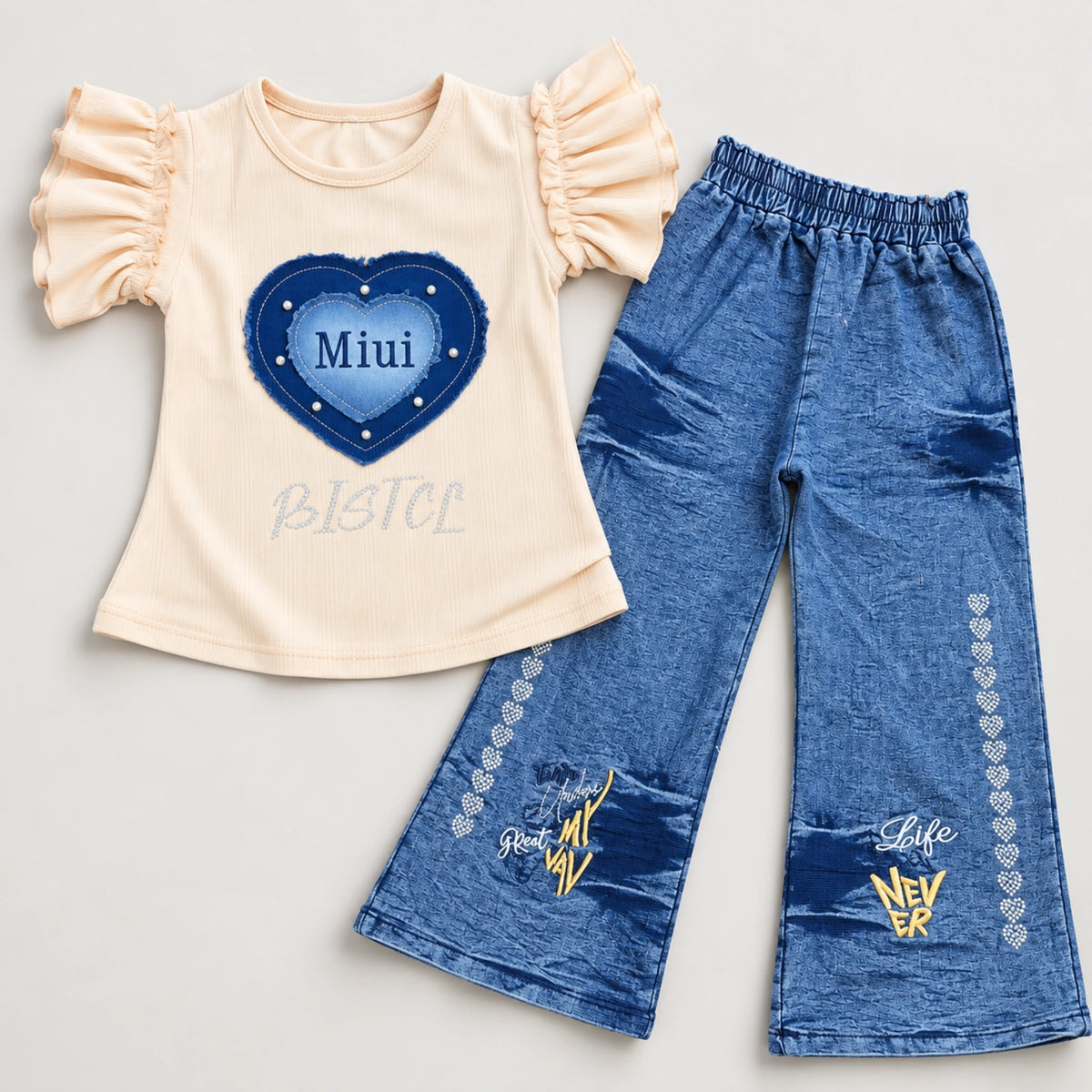 Girls’ Peach Ruffle-Sleeve Top & Blue Wide-Leg Pants Set