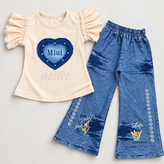 Girls’ Peach Ruffle-Sleeve Top & Blue Wide-Leg Pants Set