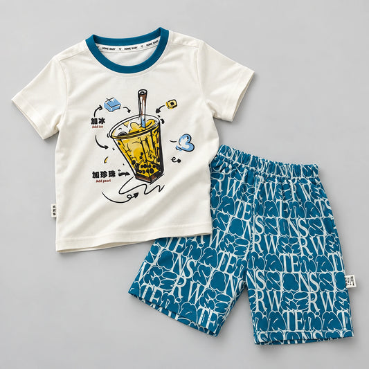 Boys’ Bubble Tea Graphic T-Shirt with Teal Printed Shorts Set