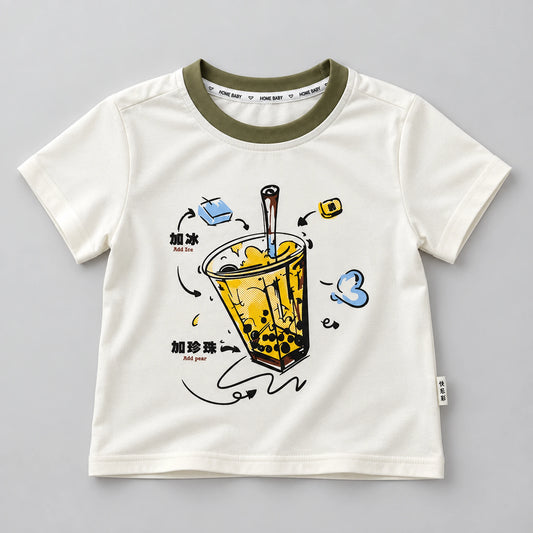 Boys’ Bubble Tea Graphic T-Shirt with Khaki Printed Shorts Set