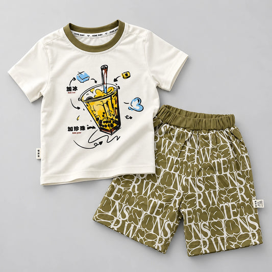 Boys’ Bubble Tea Graphic T-Shirt with Khaki Printed Shorts Set