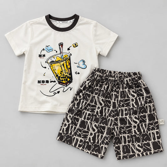 Boys’ Bubble Tea Graphic T-Shirt with Dark Charcoal Printed Shorts Set