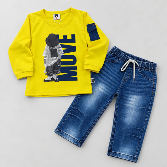 Boys’ Yellow “Move” Graphic Shirt with Blue Jeans Set