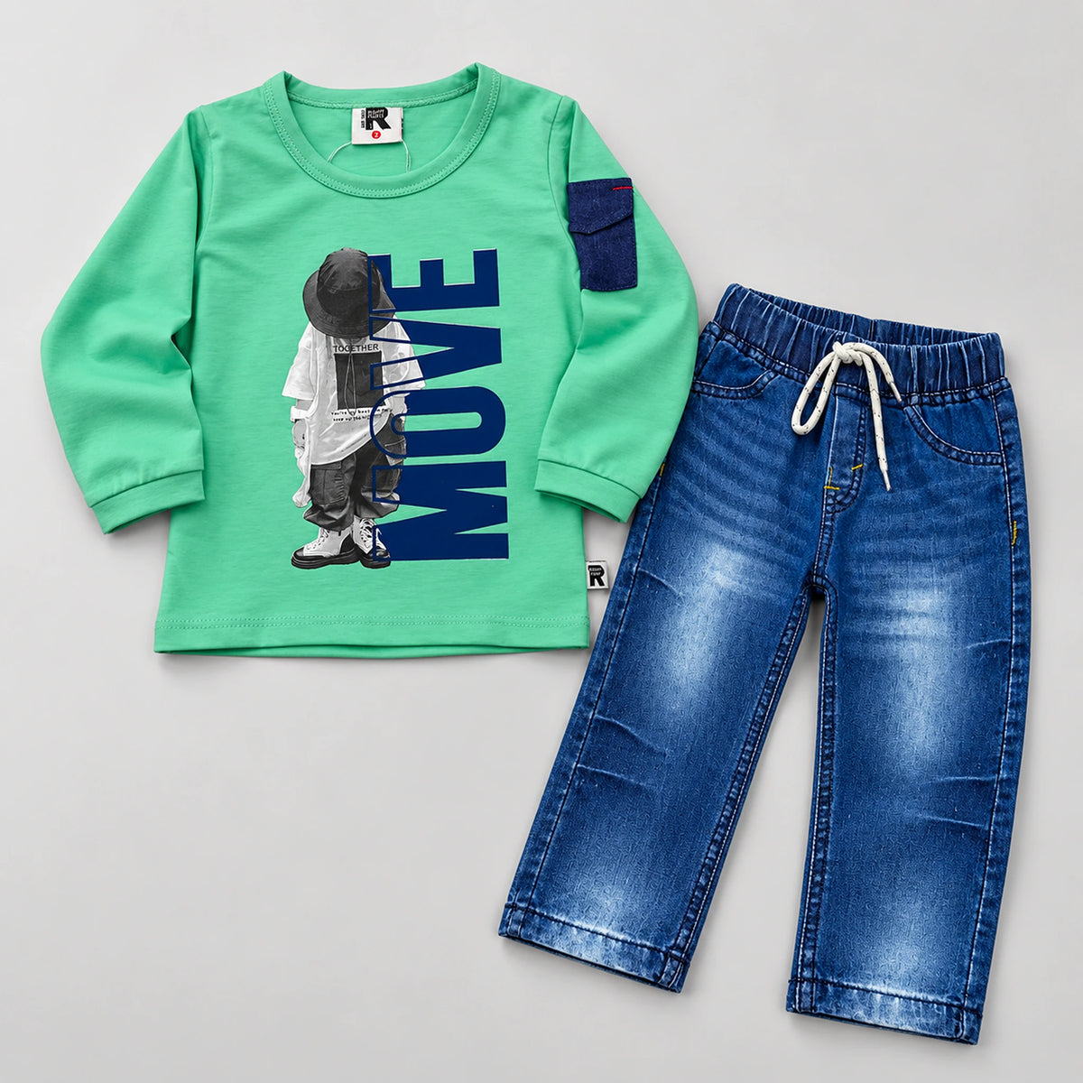 Boys’ Mint “Move” Graphic Shirt with Blue Jeans Set