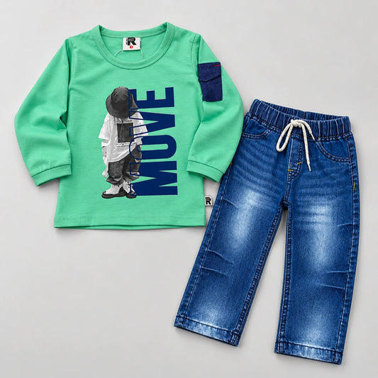 Boys’ Mint “Move” Graphic Shirt with Blue Jeans Set
