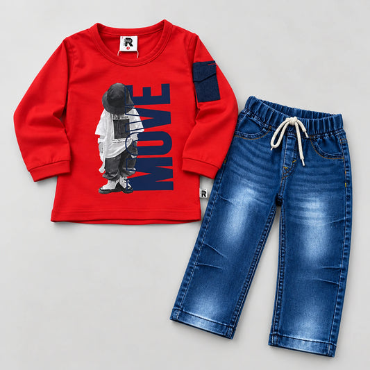 Boys’ Red “Move” Graphic Shirt with Blue Jeans Set