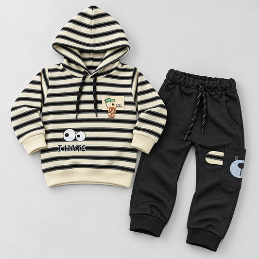 Boys’ Cream & Black Striped Hoodie with Charcoal Joggers Set