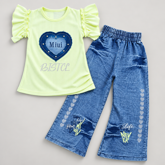 Girls’ Lime Green Ruffle-Sleeve Top & Wide-Leg Pants Set