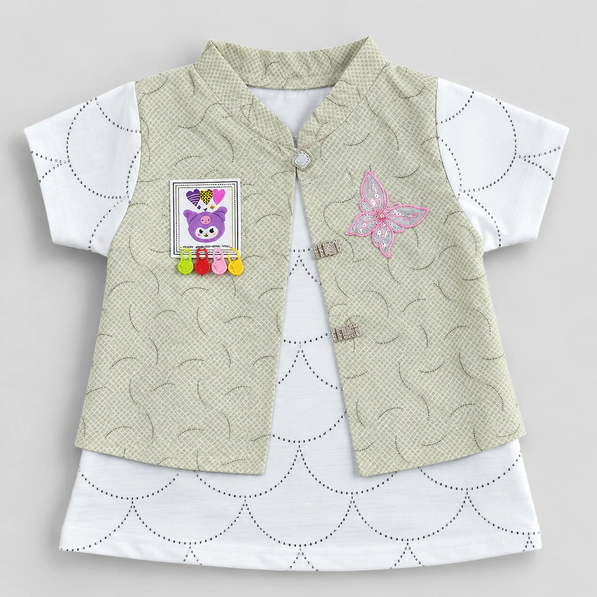 Girls Sage Green Textured Waistcoat 3-Piece Outfit Set