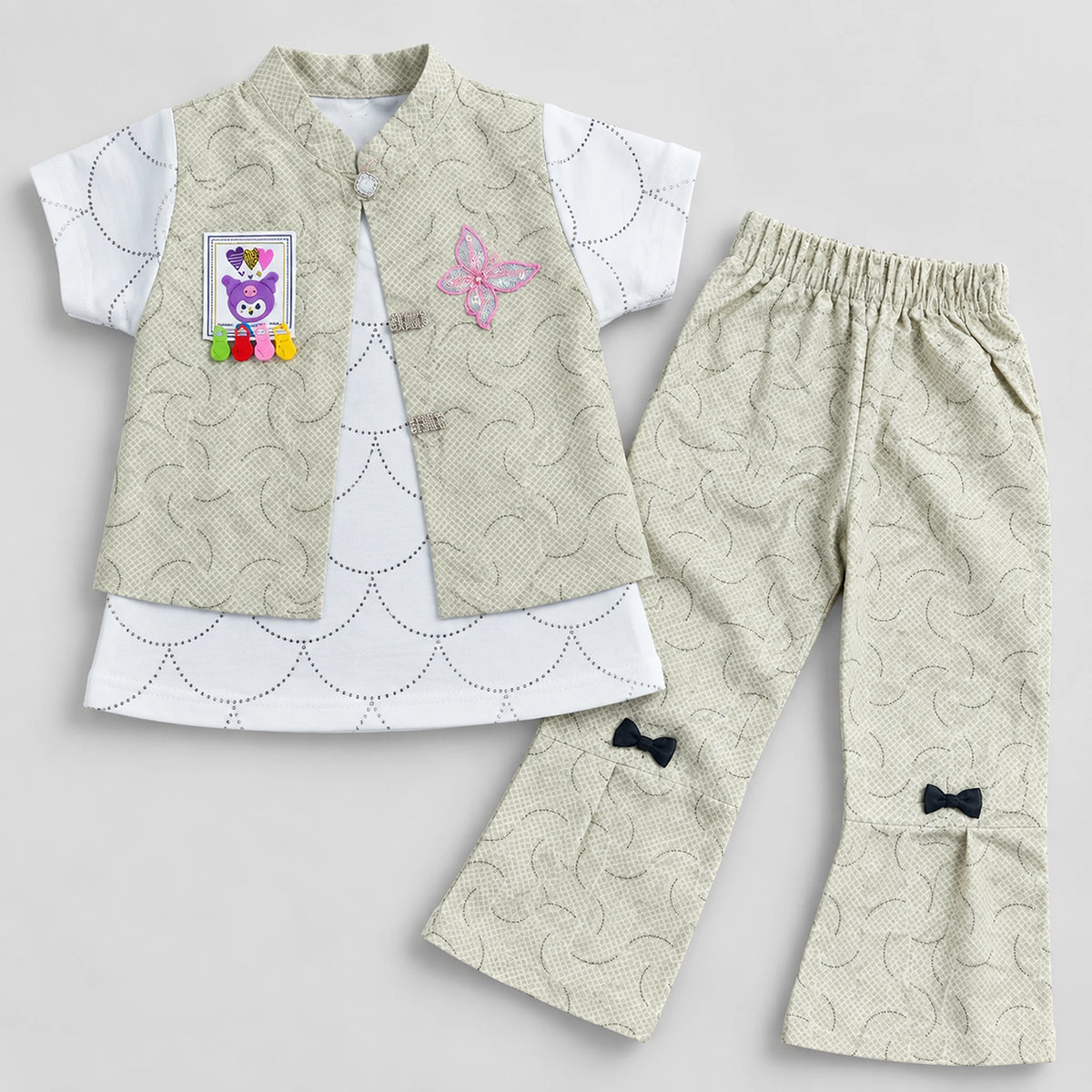 Girls Sage Green Textured Waistcoat 3-Piece Outfit Set