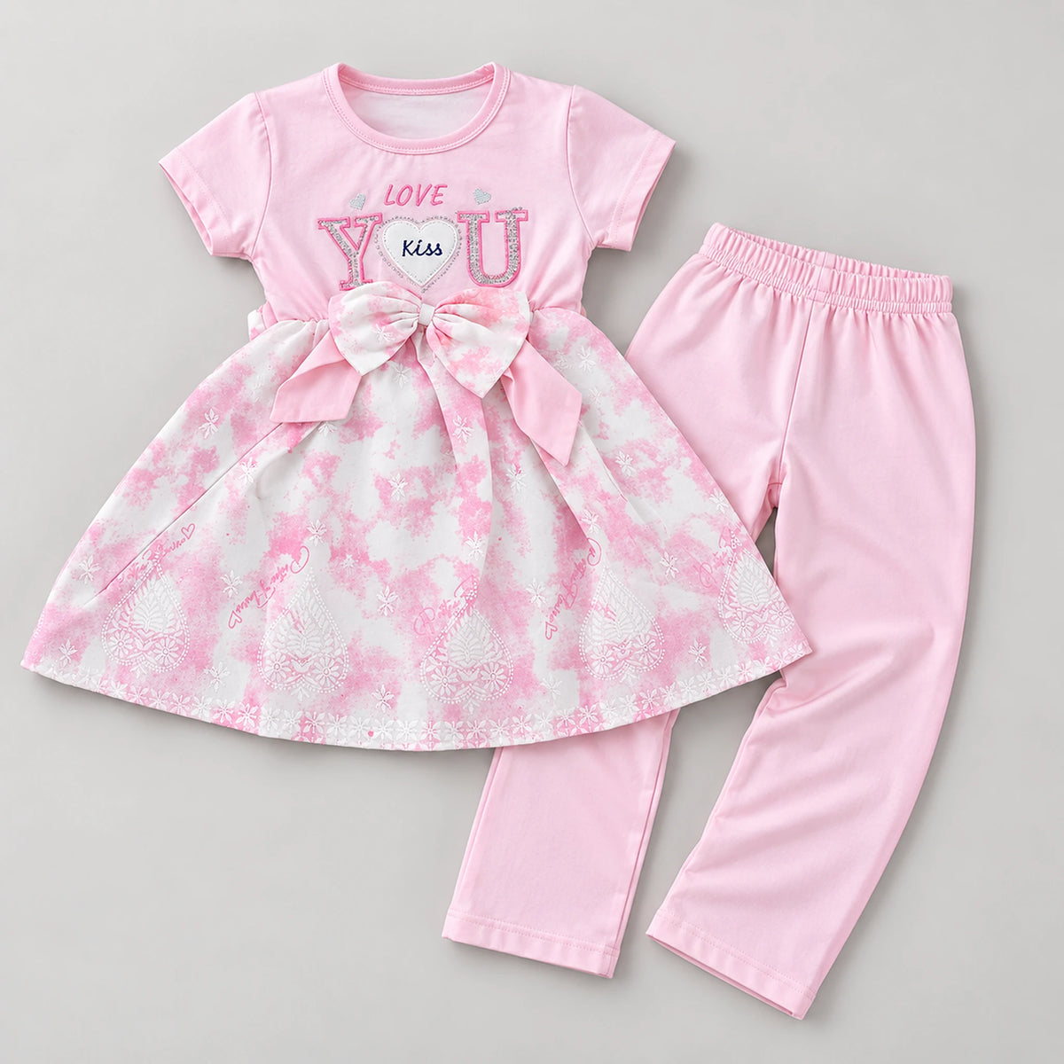 Girls Pink Love You Bow Dress & Leggings Set
