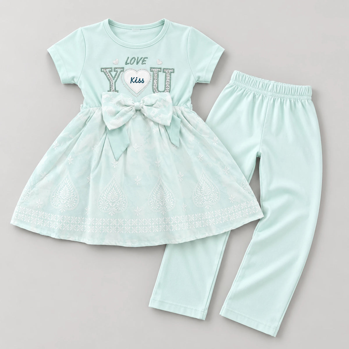 Girls Mint Green Love You Bow Dress & Leggings Set