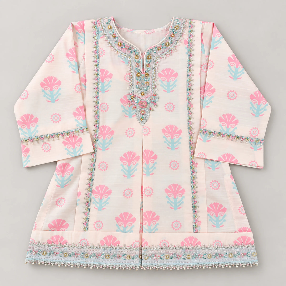 Girls Pink Floral Printed Kurta & Trouser Set