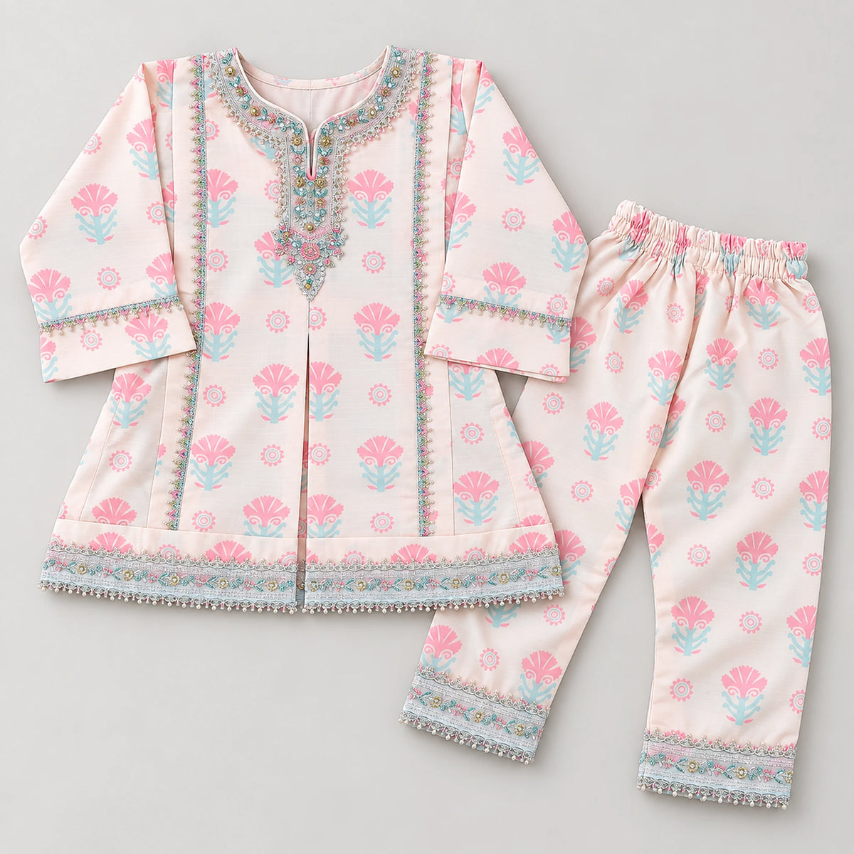 Girls Pink Floral Printed Kurta & Trouser Set