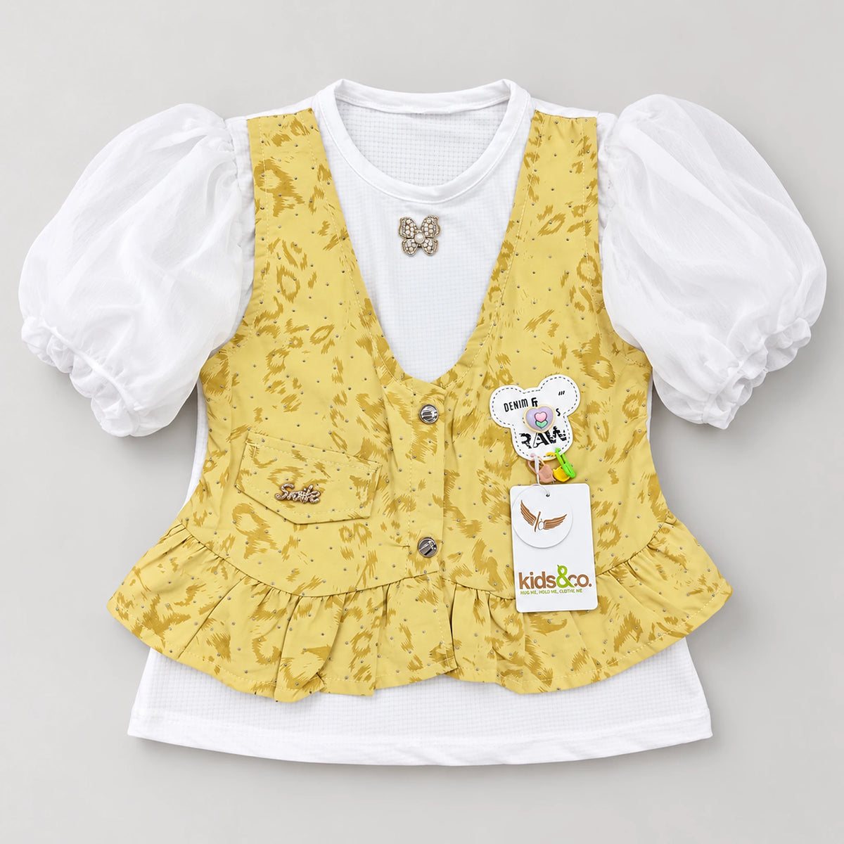 Girls Yellow Printed Waistcoat & Ruffle Trouser 3-Piece Set