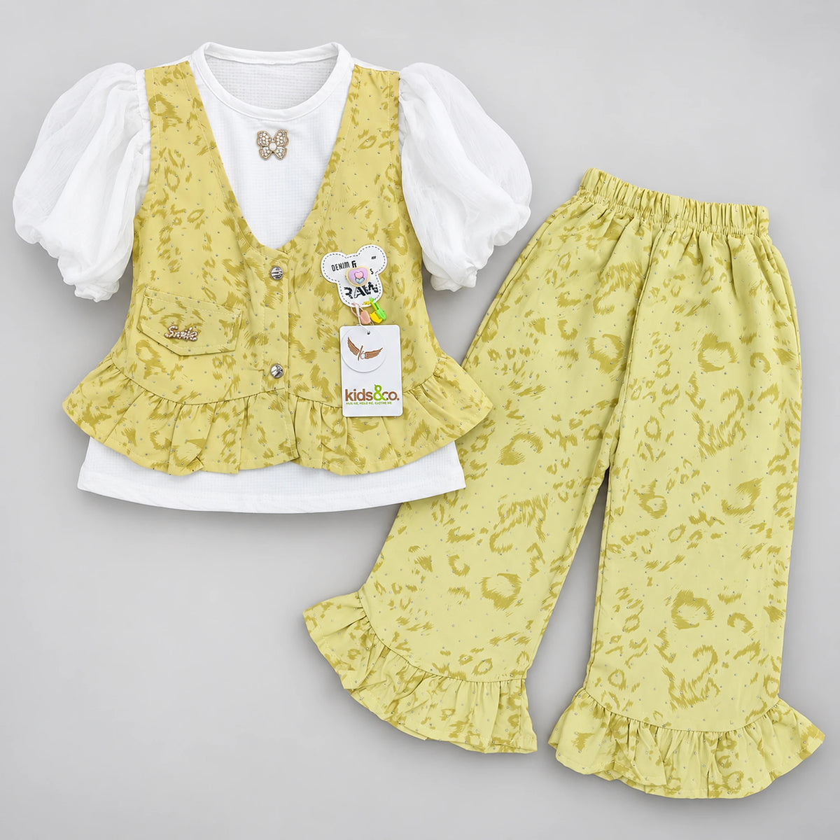 Girls Yellow Printed Waistcoat & Ruffle Trouser 3-Piece Set