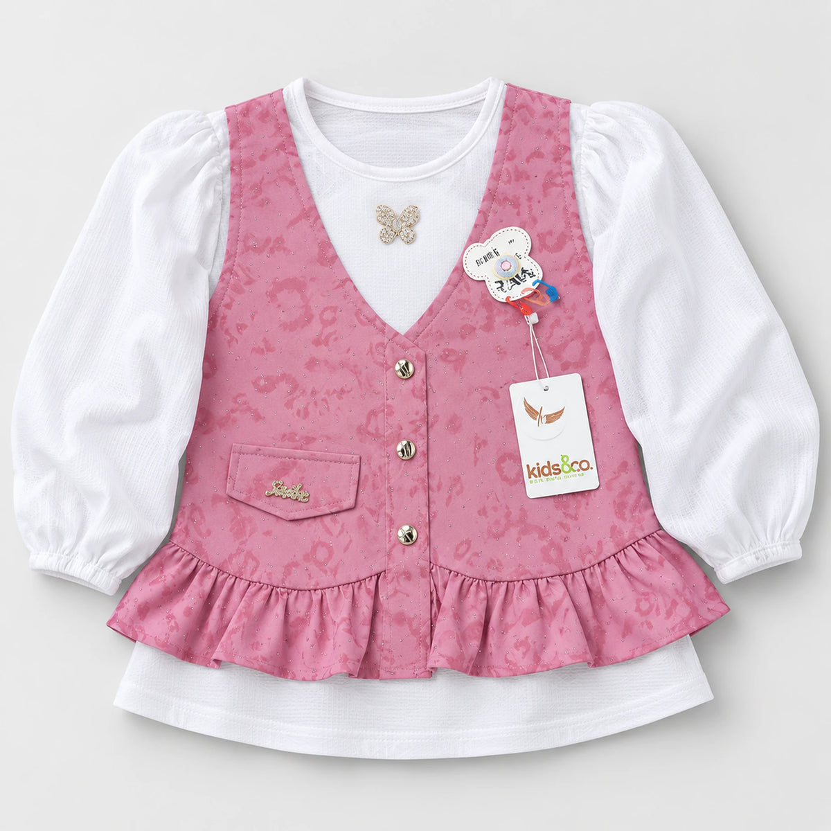 Girls’ Pink Printed Waistcoat & Ruffle Trouser 3-Piece Set