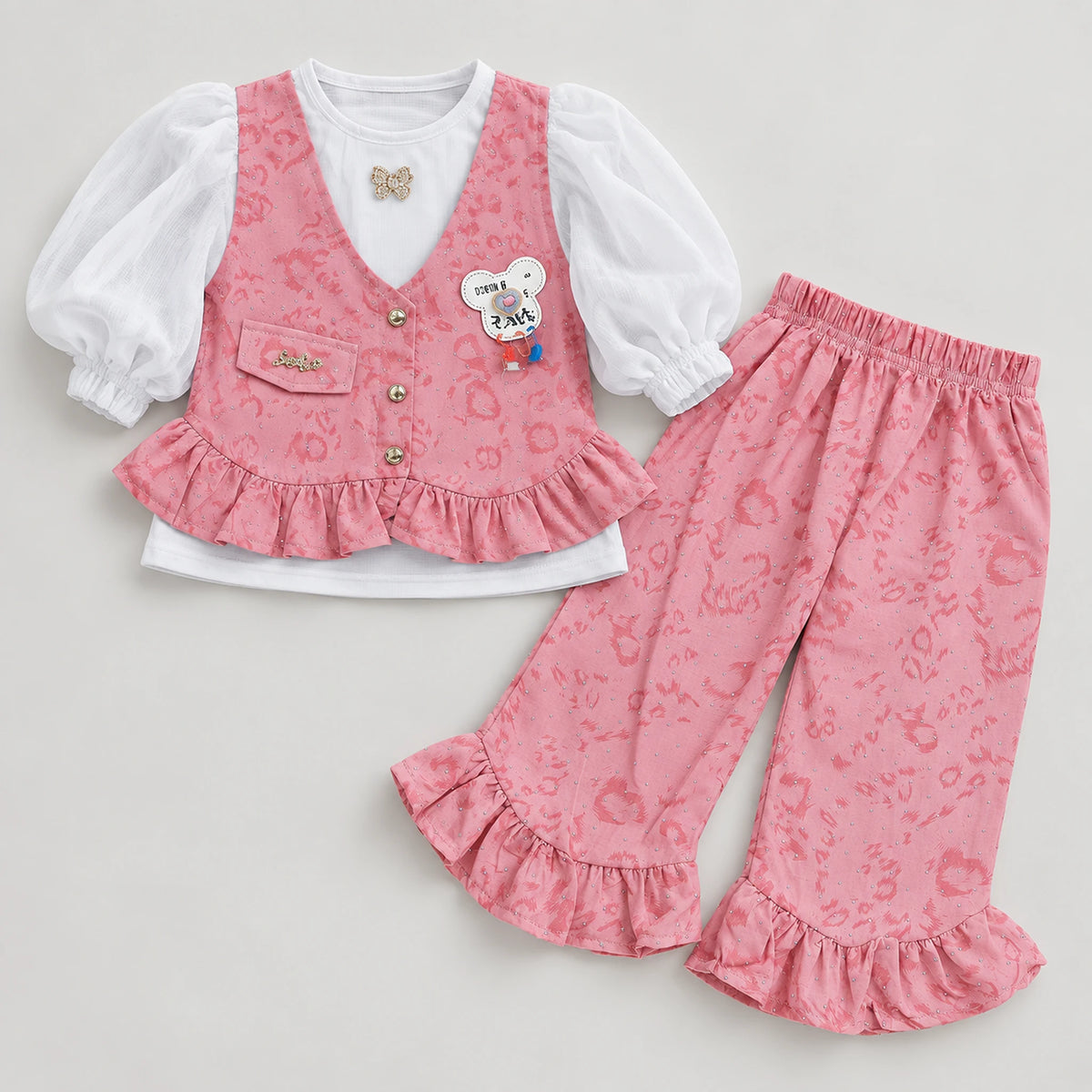Girls’ Pink Printed Waistcoat & Ruffle Trouser 3-Piece Set
