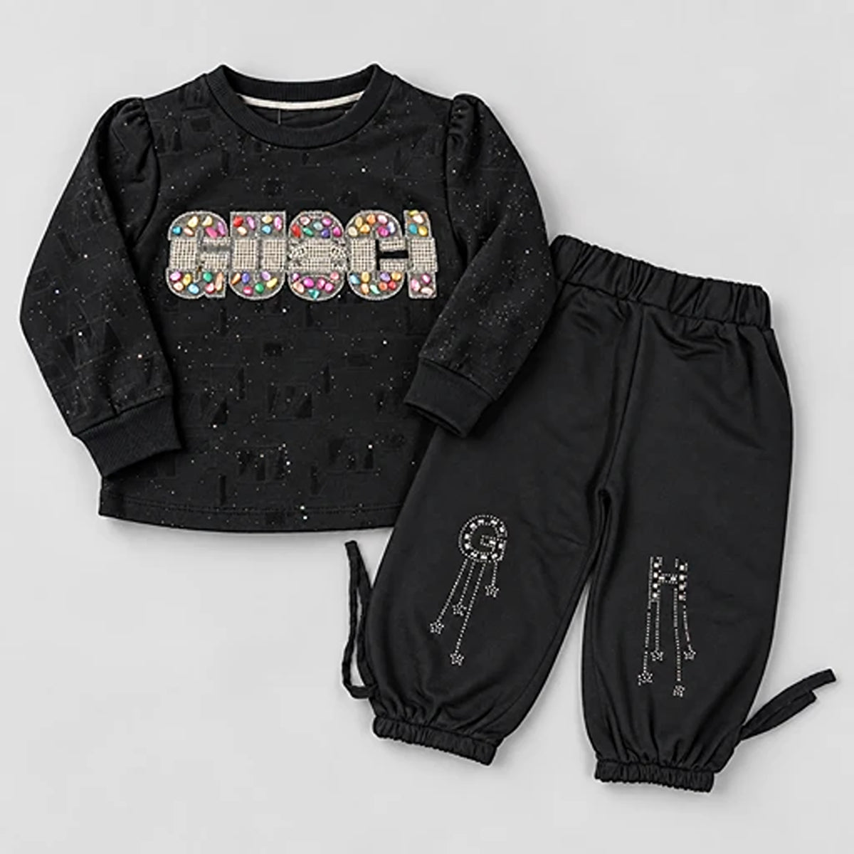 Girls’ Black Jewelled Graphic Sweatshirt & Jogger Set