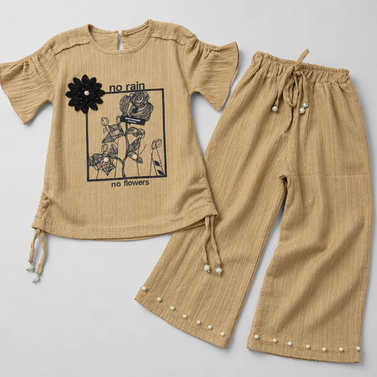 Girls’ Beige Floral Ruffle-Sleeve Top & Wide-Leg Trouser Set